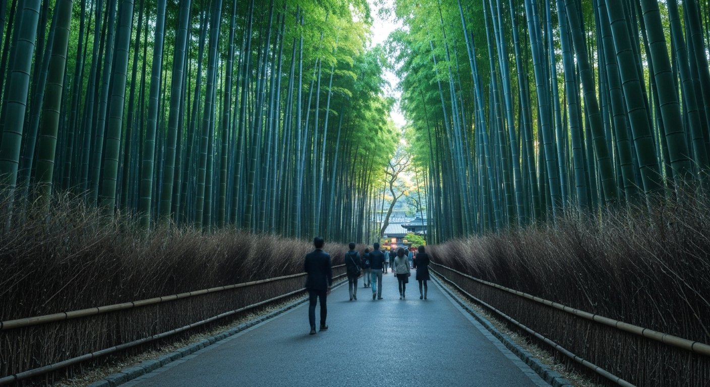 the Arashiyama Bamboo Grove at dawn, tall green stalks rising on both sides of the empty path, soft blue light filtering down between the trunks