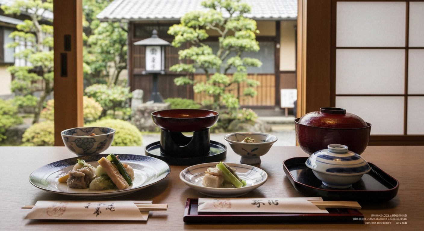 a shojin-ryori course at Shigetsu in Tenryu-ji, delicate vegetarian dishes arranged on lacquerware with the garden light beyond the window