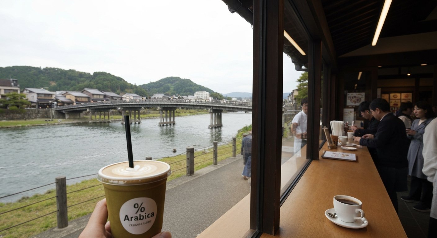 the glass-box counter of % Arabica Arashiyama by the riverbank, a Kyoto Latte in hand with Togetsukyo Bridge and the Katsura River in the background