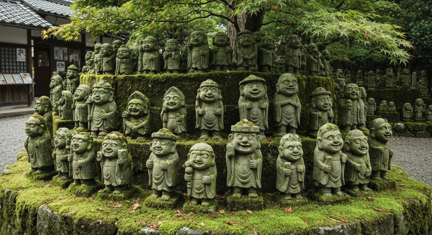 the moss-covered rakan statues at Otagi Nenbutsu-ji, dozens of small carved figures with varied comic expressions standing among green moss and maple leaves