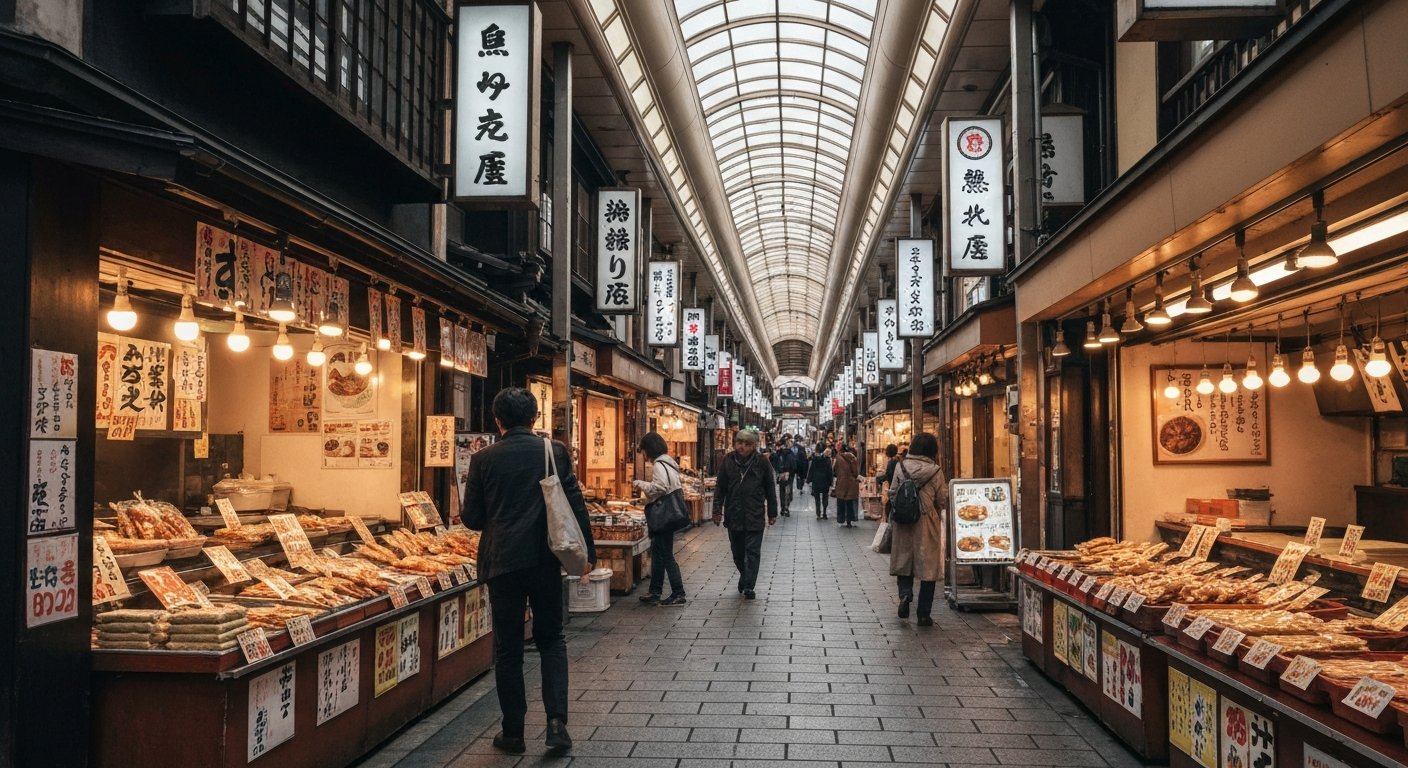 Nishiki Market’s covered corridor in daytime, stalls of pickles, yuba and skewers packed tightly under the arcade roof, shoppers moving slowly through the narrow lane