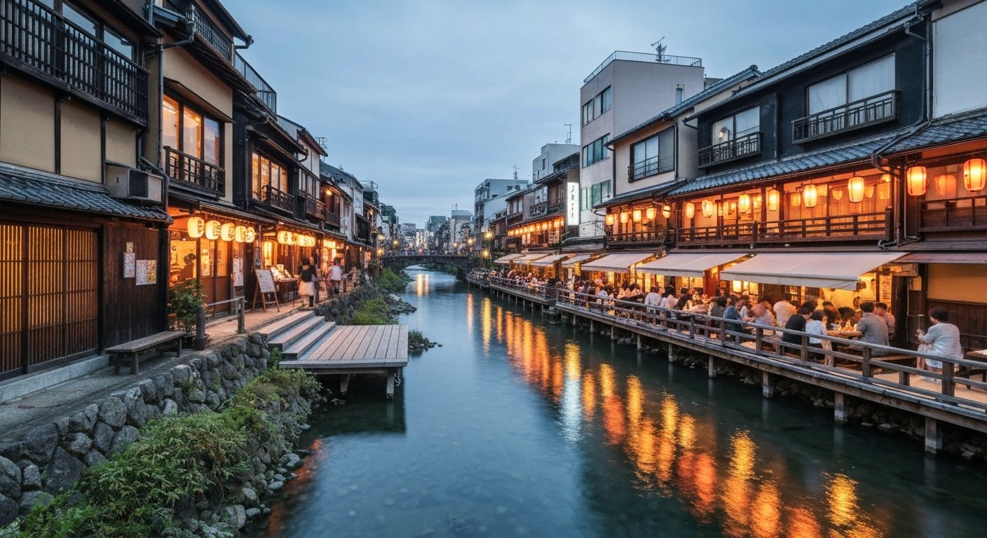 Pontocho at dusk, lanterns glowing along the narrow machiya alley, river-side wooden platforms extending over the Kamogawa for summer dining