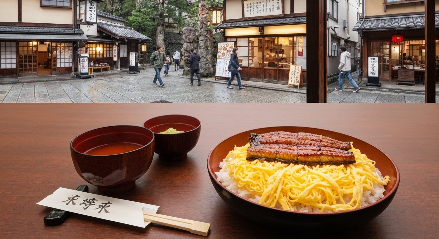 Kyogoku Kaneyo’s kinshi-don on a lacquered table, glossy eel and pale shredded omelette over rice in a traditional Kyoto restaurant setting