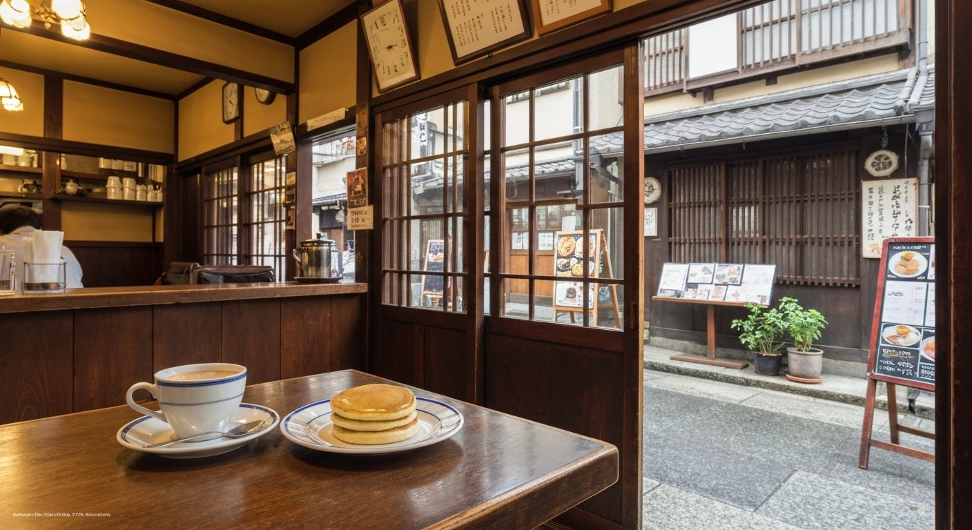 Smart Coffee’s retro kissaten interior on Teramachi, a plate of hotcakes and a cup of coffee on a small table beneath warm wood and old fixtures