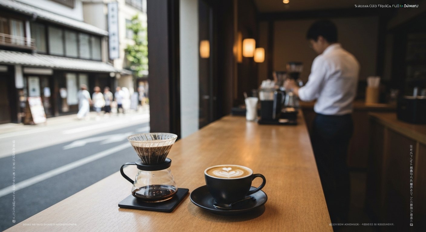 a precise pour-over and latte from % Arabica Fujii-Daimaru, clean coffee bar lines and polished cups in a modern Kyoto setting