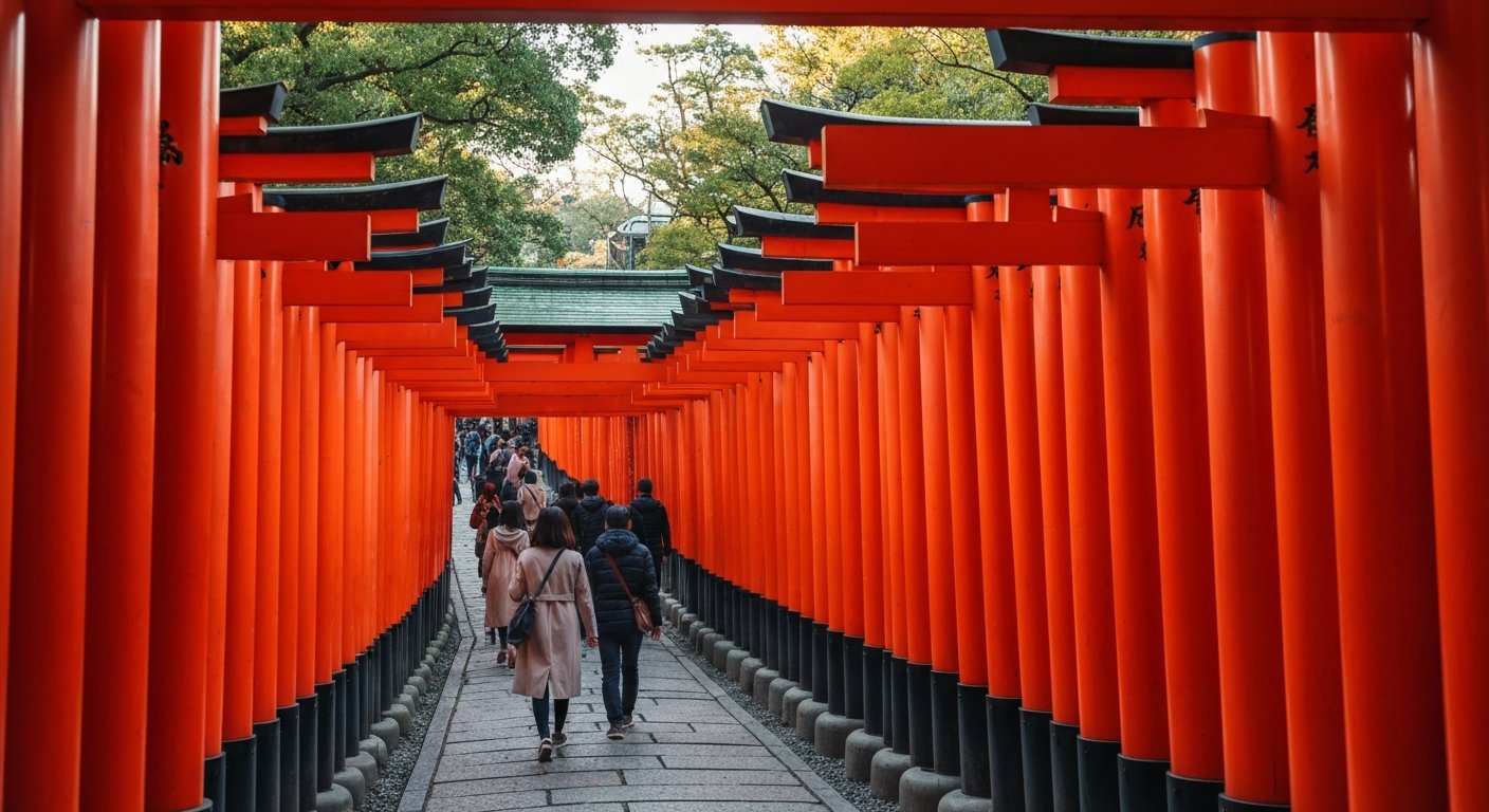 the Senbon Torii corridor at Fushimi Inari Taisha, vermilion gates receding uphill under soft morning light with visitors walking between them