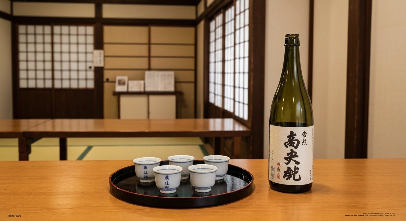 a tasting tray at Gekkeikan Okura Sake Museum, small sake cups beside a take-home bottle in a restored 1909 kura interior