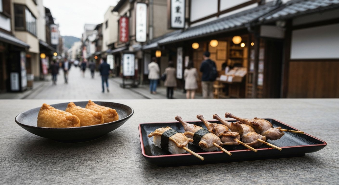 skewered quail and inari sushi at Nezameya on the Fushimi Inari approach, the food set on a simple tray in warm late-afternoon light