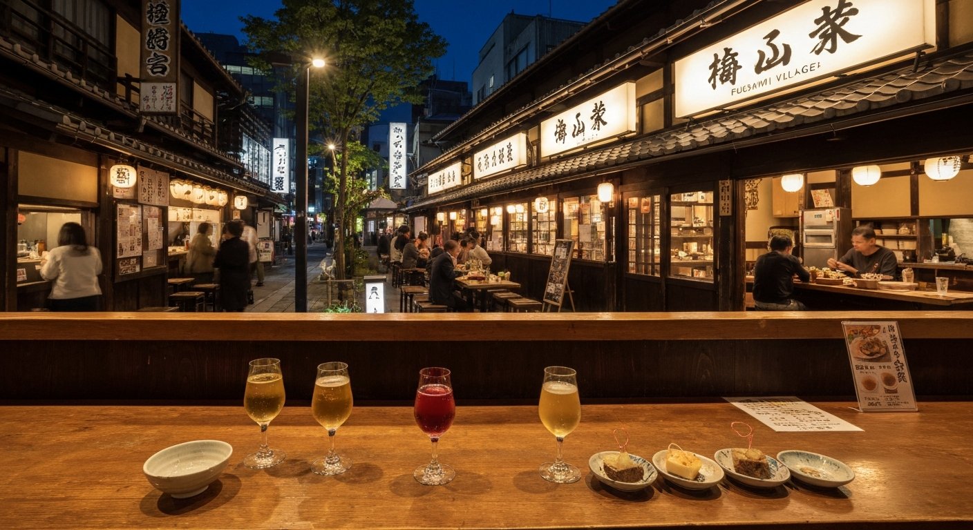 Fushimi Sake Village at night, tasting glasses and small plates under warm indoor lighting with brewery signage overhead