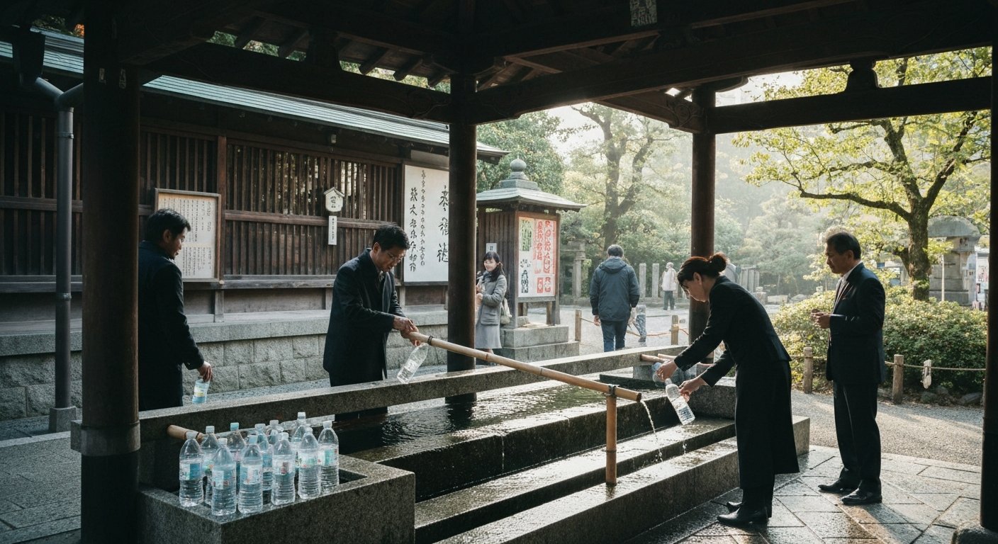 locals filling plastic bottles at Gokonomiya Shrine’s Gokosui spring, the shrine setting framed by quiet greenery and morning light