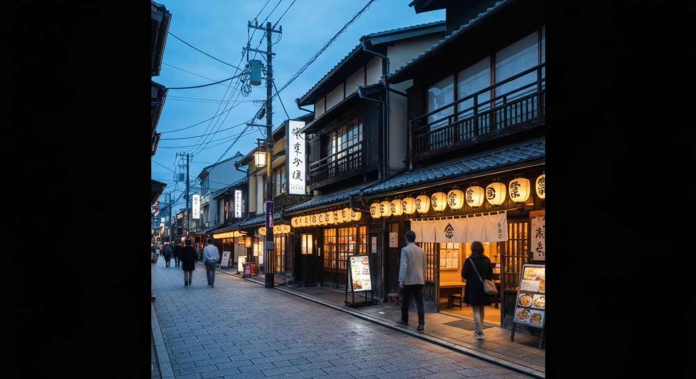 Hanamikoji Street in Gion at blue hour, dark timber ochaya fronted by paper lanterns and no overhead wires