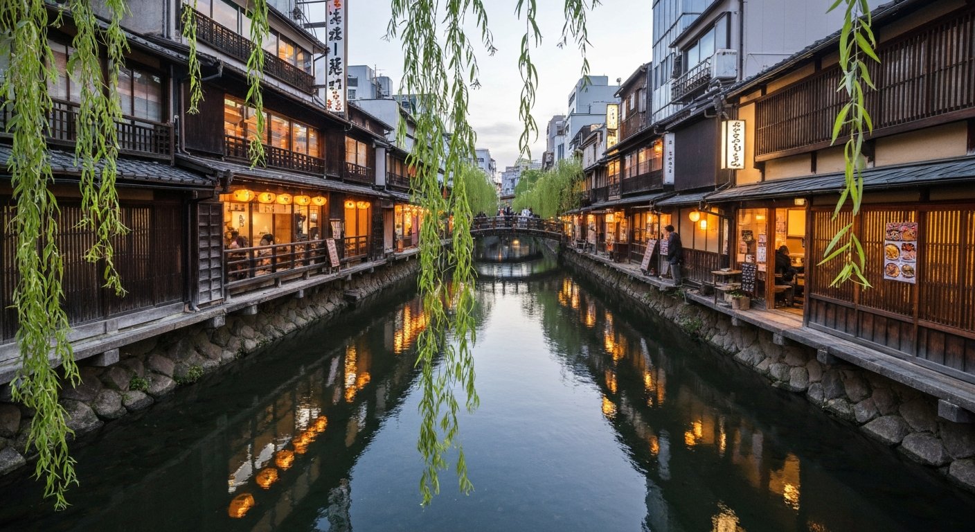 The Shirakawa canal in Shinbashi at dusk, willow branches over the water and wooden restaurant facades reflected below