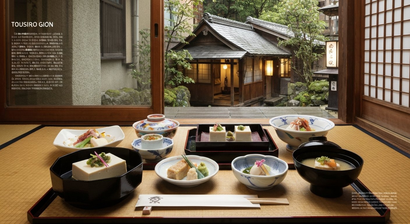 A set-course tofu kaiseki meal at Tousuiro Gion, delicate seasonal dishes arranged in a calm machiya dining room