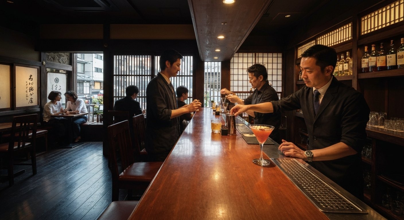 Bar Ixey’s intimate third-floor cocktail room in Gion, low light, polished wood and a bespoke drink being prepared at the bar