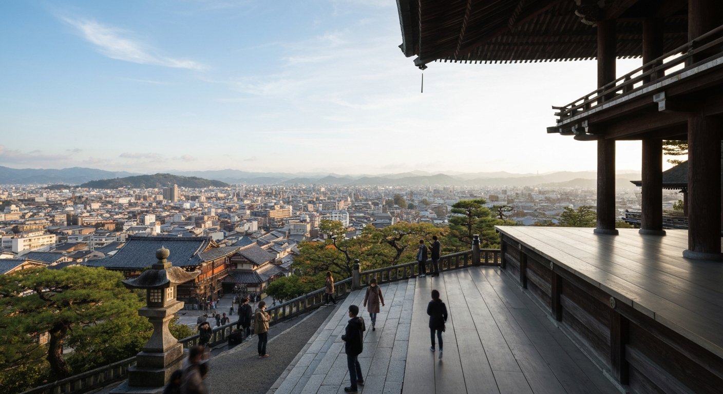 Kiyomizu-dera’s wooden stage over the hillside in early morning light, Kyoto spread below and the temple pillars visible underneath