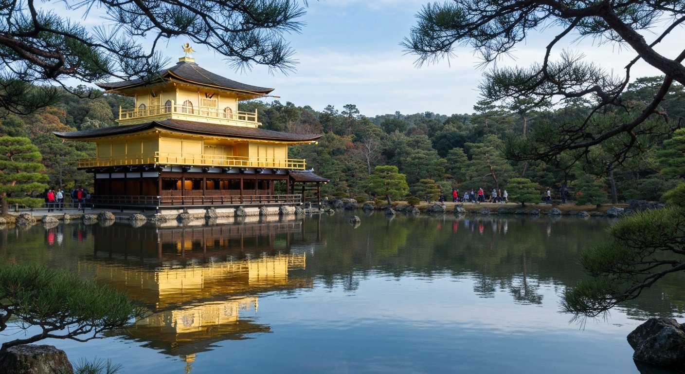Kinkaku-ji’s gold-leaf pavilion reflected in the still pond at morning light, with pine branches framing the water and visitors on the one-way path