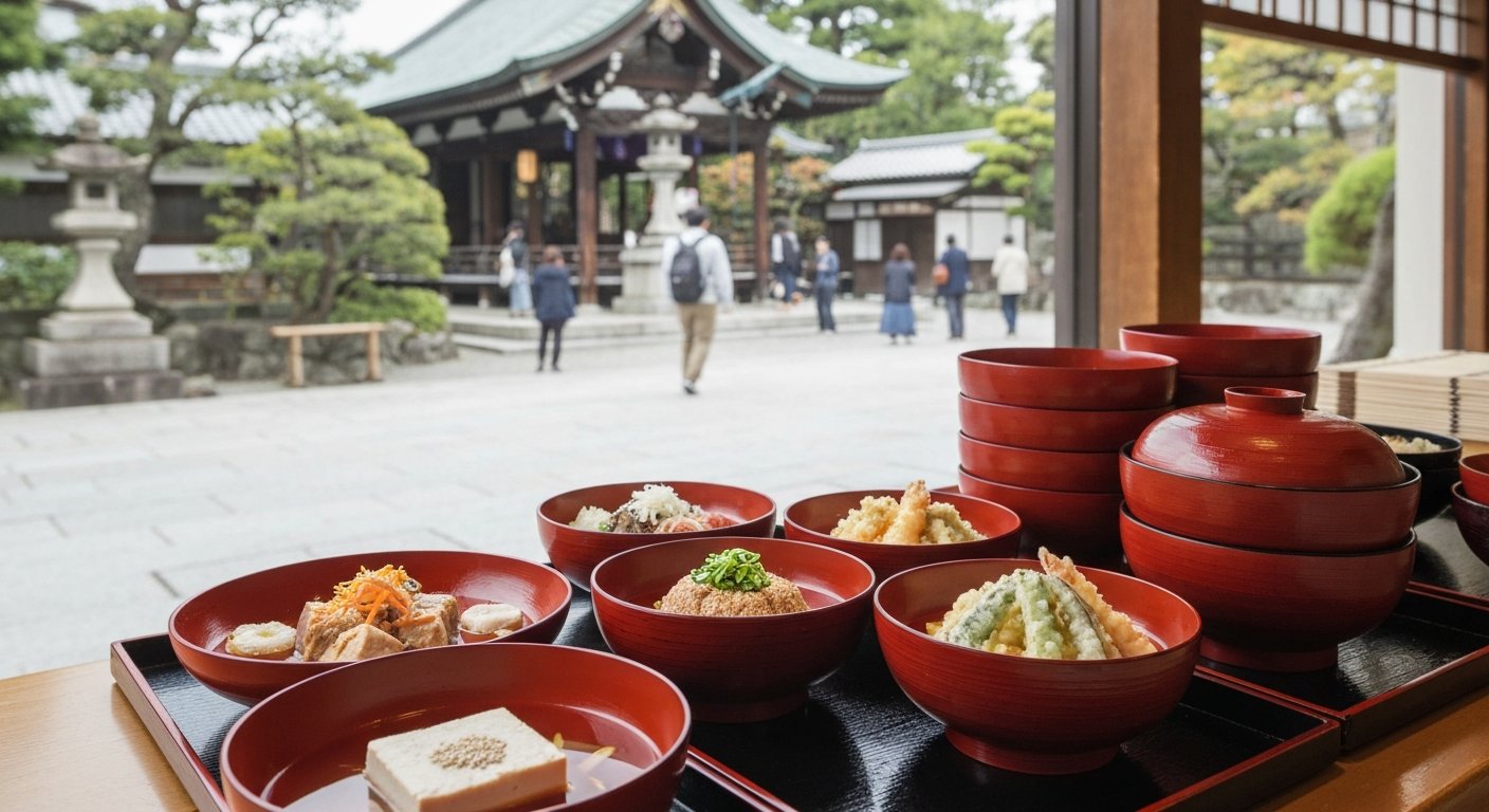 stacked red lacquer bowls of shojin ryori at Izusen, with sesame tofu, fu and tempura vegetables arranged beside a temple garden seen through the window