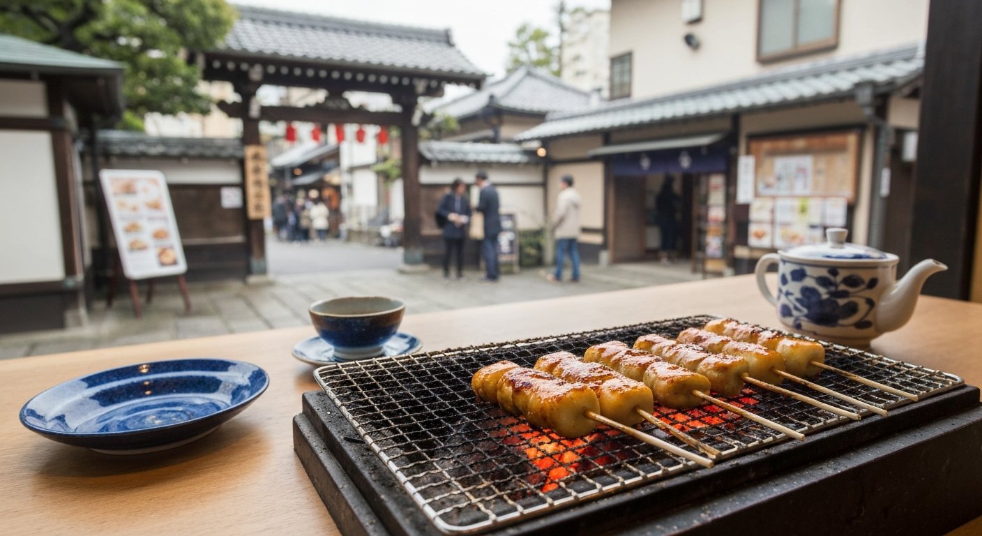 aburi-mochi skewers grilling over charcoal at Ichiwa by Imamiya Shrine’s gate, with the miso glaze catching the light and tea set beside the plate