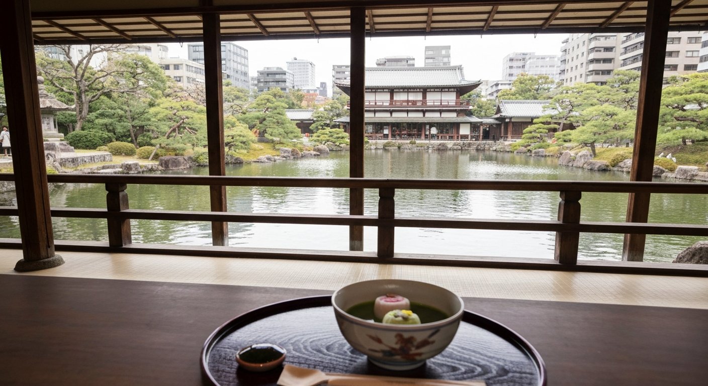 a bowl of matcha and wagashi at Toji-in, placed on the veranda overlooking the pond garden in soft late-morning light