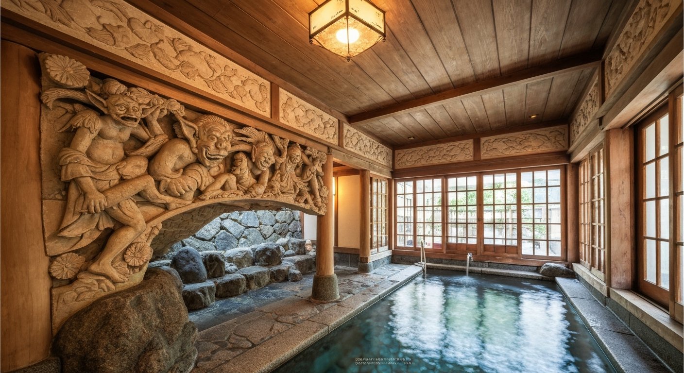 the carved-goblin ceiling and Majolica tiles inside Funaoka Onsen, with the old public bathhouse lit warmly and the rock bath visible