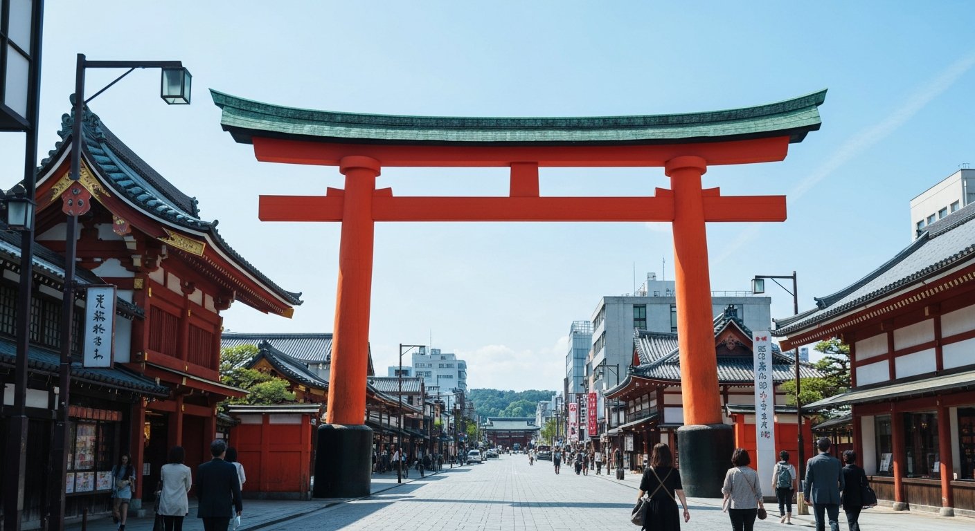 Heian-jingus riesiges zinnoberrotes Otorii-Tor, das die breite Allee in Okazaki, Kyoto überspannt, mit Museumsfassaden und freiem Himmel dahinter am Mittag
