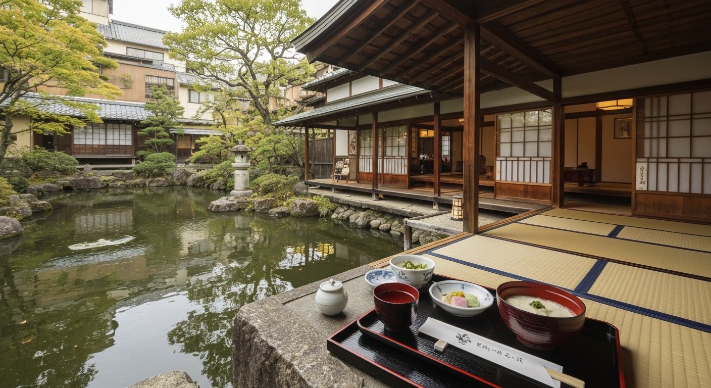 das rustikale, niedrige Esszimmer und der Gartenteich im Okutan Nanzenji, mit einem Yudofu-Menü, das neben dem Wasser in weichem natürlichem Licht serviert wird