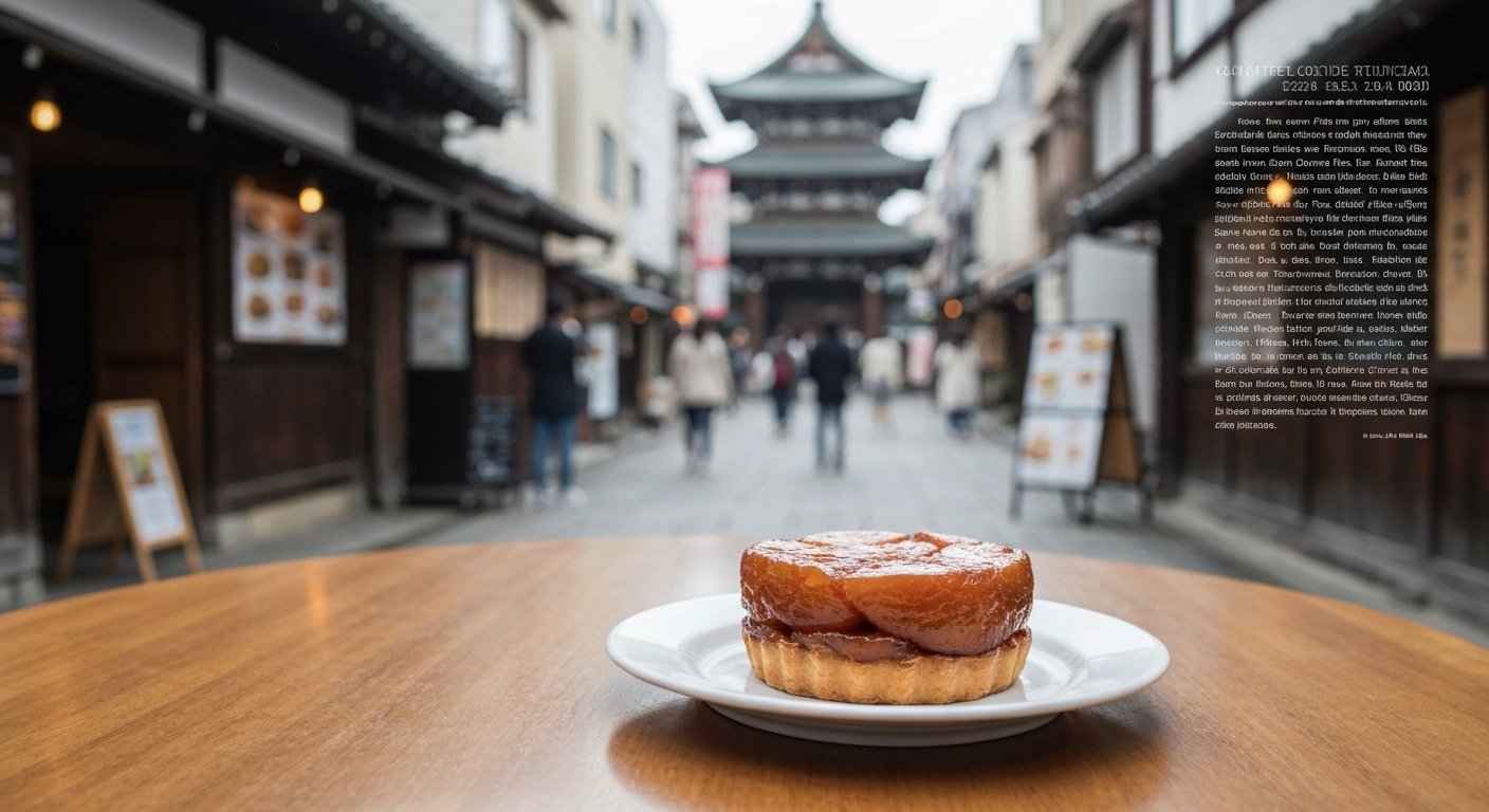 eine glänzende Tarte Tatin bei La Voiture nahe Heian-jingu, tief karamellisierte Äpfel auf einem einfachen Dessertteller, Cafélicht fällt über den Tisch