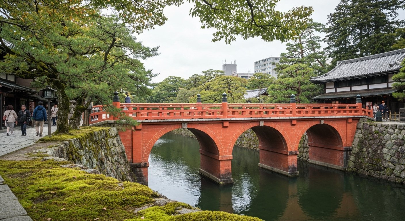 Nanzen-jis roter Ziegelstein-Aquädukt Suirokaku, der den Biwa-See-Kanal durch das Tempelgelände führt, von unten gesehen mit Moos und Stein im Vordergrund