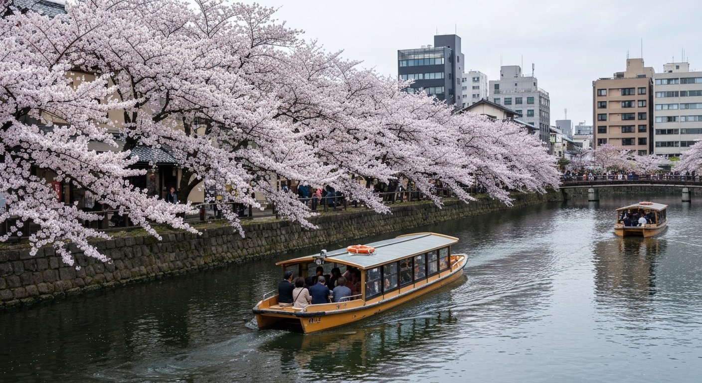 das Okazaki Jikkokubune-Kanalboot auf einem ruhigen Abschnitt des Biwa-See-Kanals in der Kirschblüte, Passagiere unter blassen Blüten, Wasser spiegelt die Bäume
